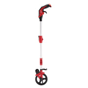 Red and black measuring wheel with 6-inch diameter wheel, silver shaft, and ergonomic handle grip.