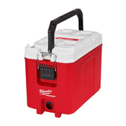 Red and white PACKOUT compact cooler with black carry handle and latch closure.