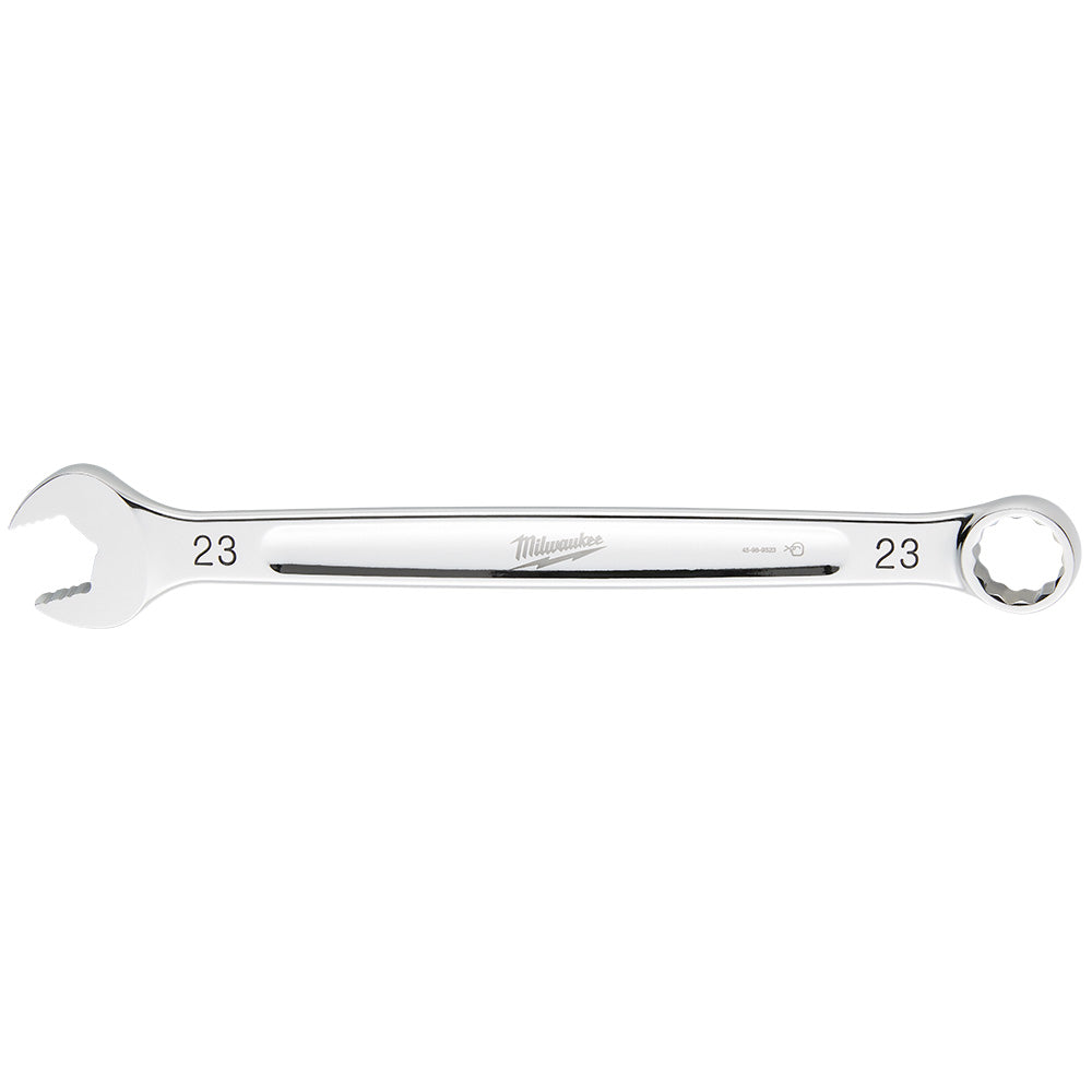 Milwaukee 23mm combination wrench with open end on left and closed round end on right.