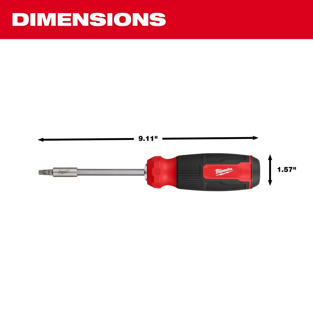 Milwaukee multi-bit screwdriver with red and black handle, 9.11 inches long and 1.57 inches tall.