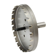 Carbide hole cutter with gray cylindrical body, toothed cutting edge, center arbor, and spring-loaded pilot bit.