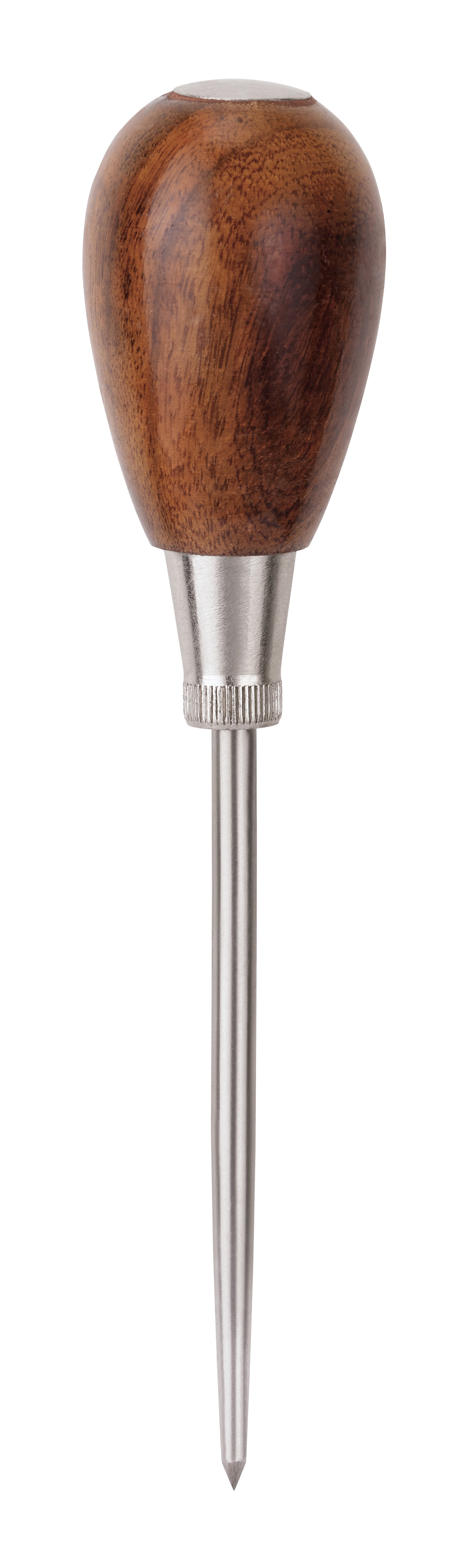 Scratch awl with brown wood handle and metal shaft with pointed tip.