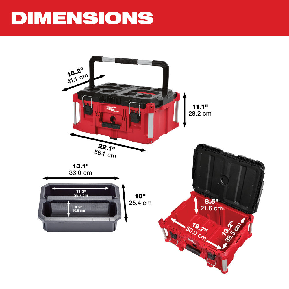 Red and black Milwaukee PACKOUT large tool box with carrying handle shown from multiple angles with dimension measurements.