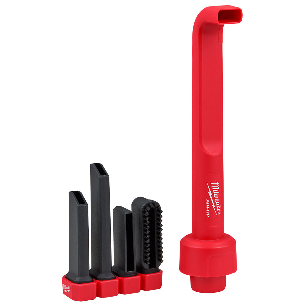 Red and black Milwaukee AIR-TIP cleaning tool with right angle attachment and four interchangeable black nozzle tips.