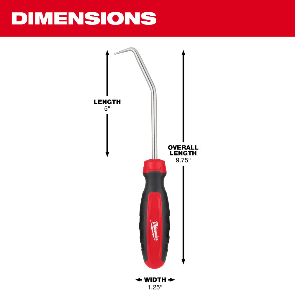 Metal hose pick with 90-degree angled tip, red and black handle, 9.75 inches overall length.