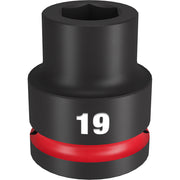 Black impact socket with 6-point hexagonal opening, red band, and "19" marking on 3/4" drive.