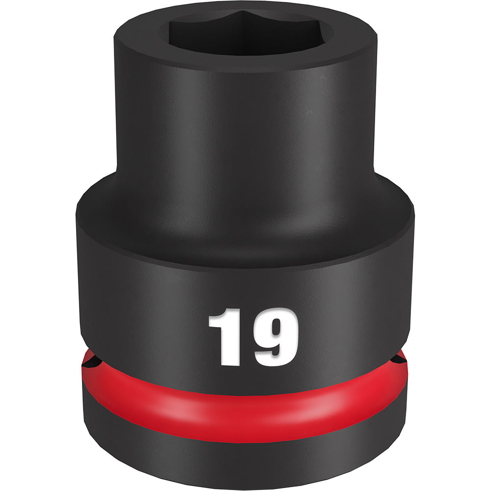 Black impact socket with 6-point hexagonal opening, red band, and "19" marking on 3/4" drive.