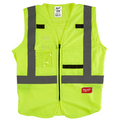 High-visibility yellow polyester safety vest with gray reflective stripes, front zipper, and multiple pockets.