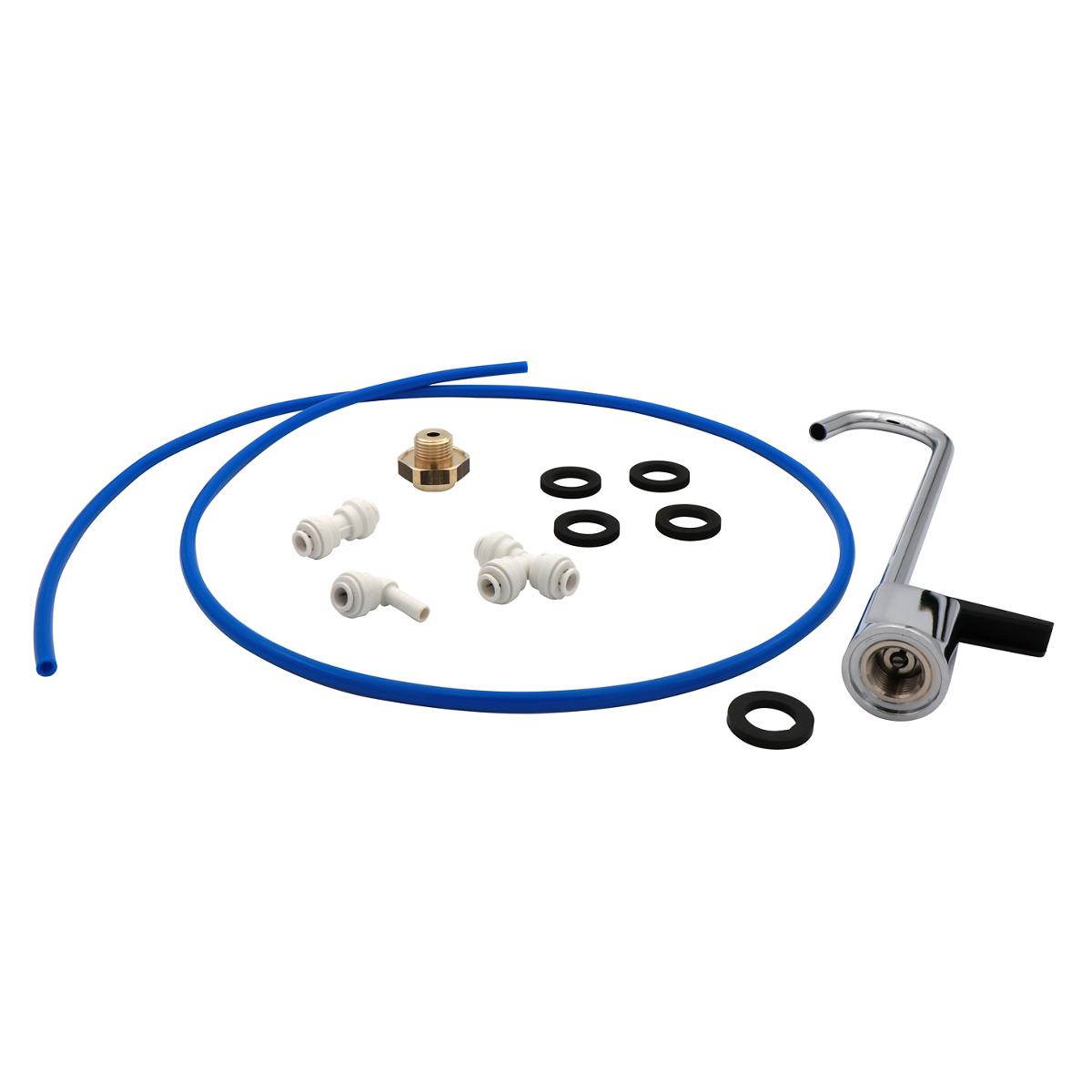 Gooseneck glass filler kit with chrome spout, blue tubing, white connectors, brass fitting, and black rubber washers.