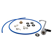 Gooseneck glass filler kit with chrome spout, blue tubing, white connectors, brass fitting, and black rubber washers.