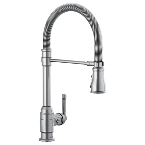 Chrome kitchen faucet with single handle, pull-down spring spout, and flexible hose.