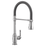 Chrome kitchen faucet with single handle, pull-down sprayer head, and flexible hose spout.
