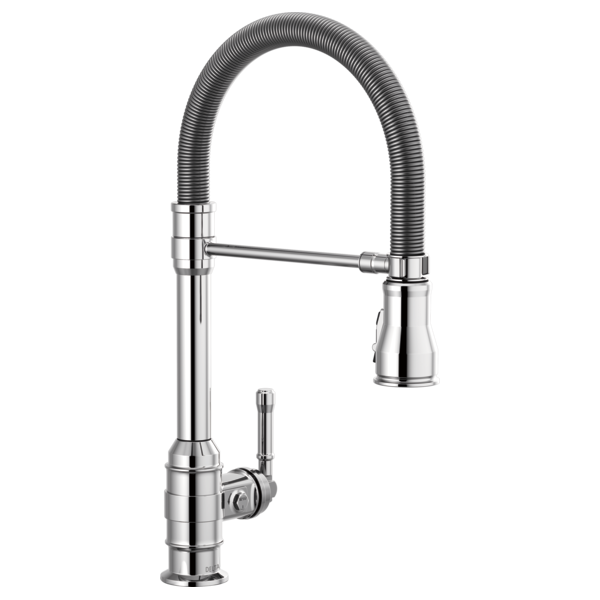 Chrome kitchen faucet with single handle, pull-down sprayer head, and flexible hose spout.