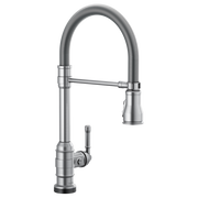 Chrome kitchen faucet with single handle, pull-down spray head, and coiled hose.