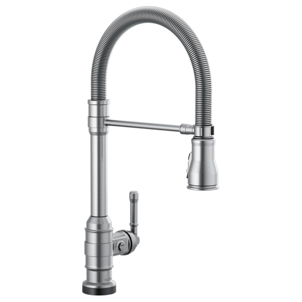 Chrome kitchen faucet with single handle, pull-down spray head, and coiled hose.