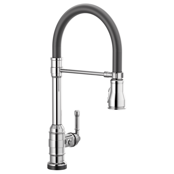 Chrome pull-down kitchen faucet with single handle and flexible hose spray head.