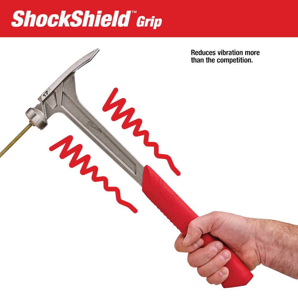 Framing hammer with milled face head, metal shaft, and red grip held in hand with vibration reduction indicators.