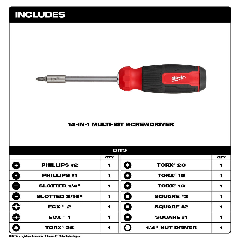 Red and black Milwaukee multi-bit screwdriver with extendable shaft and 14 interchangeable bits including Phillips, slotted, 