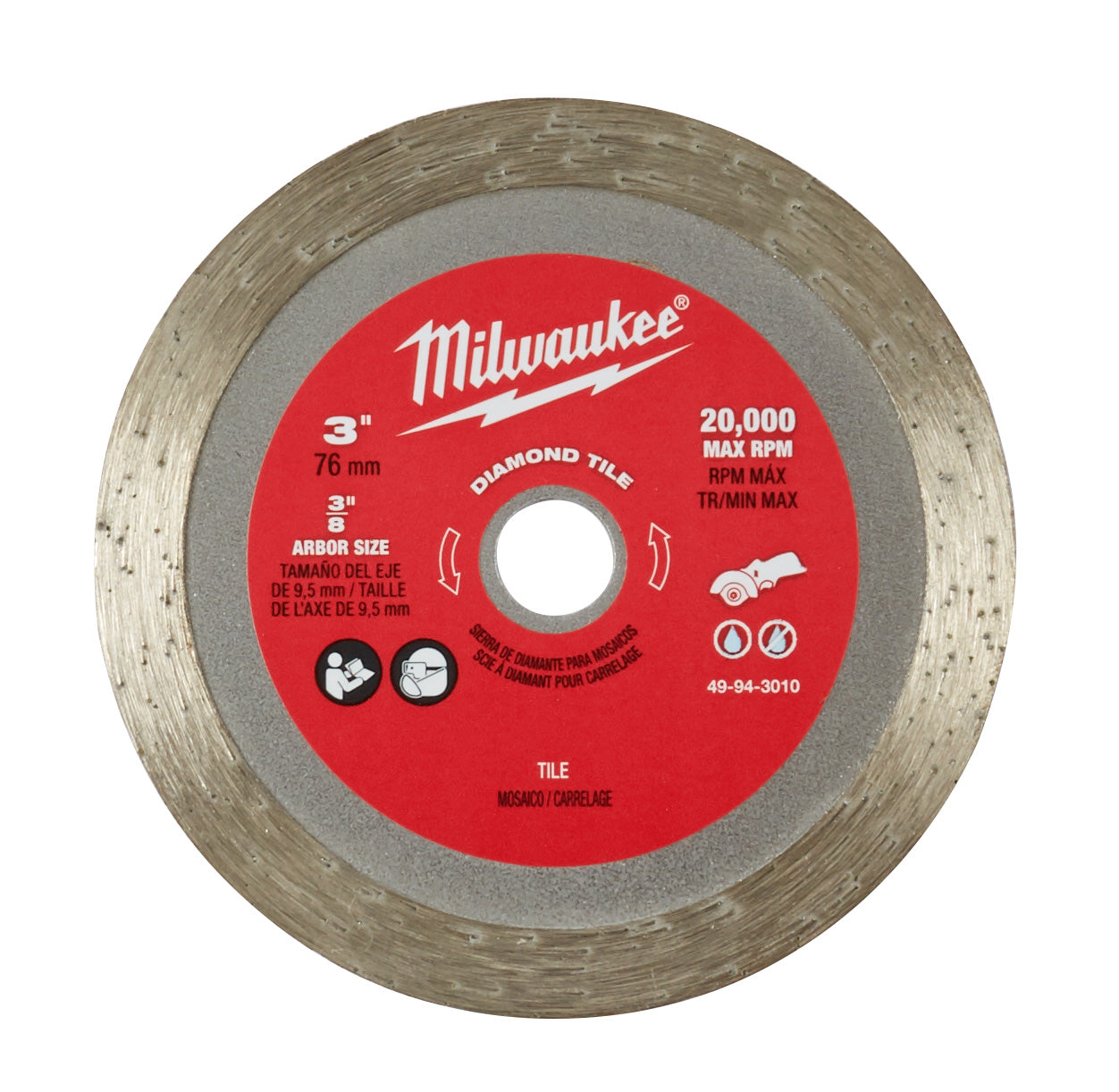Milwaukee 3-inch diamond tile blade with red label, center arbor hole, and segmented cutting edge.