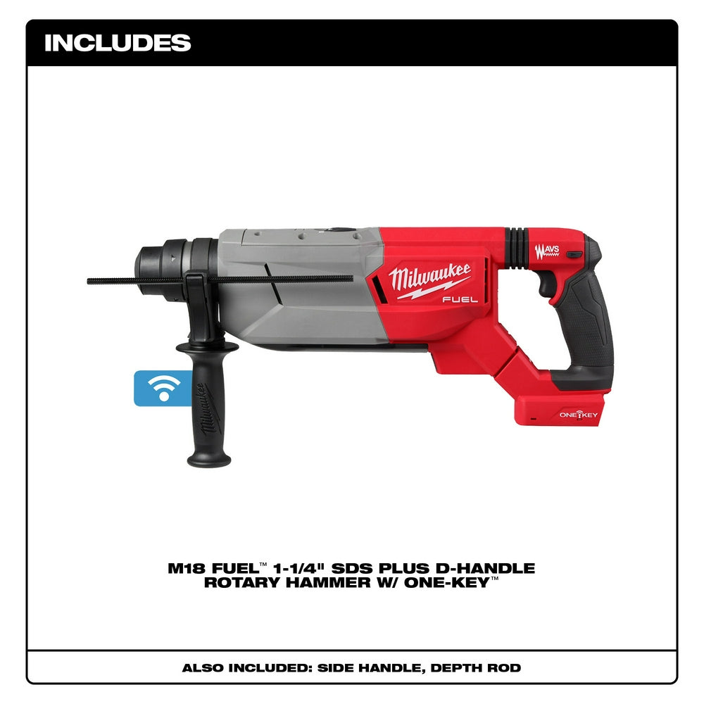 Milwaukee M18 FUEL 1-1/4" SDS Plus D-Handle Rotary Hammer in red and black with side handle and depth rod included.