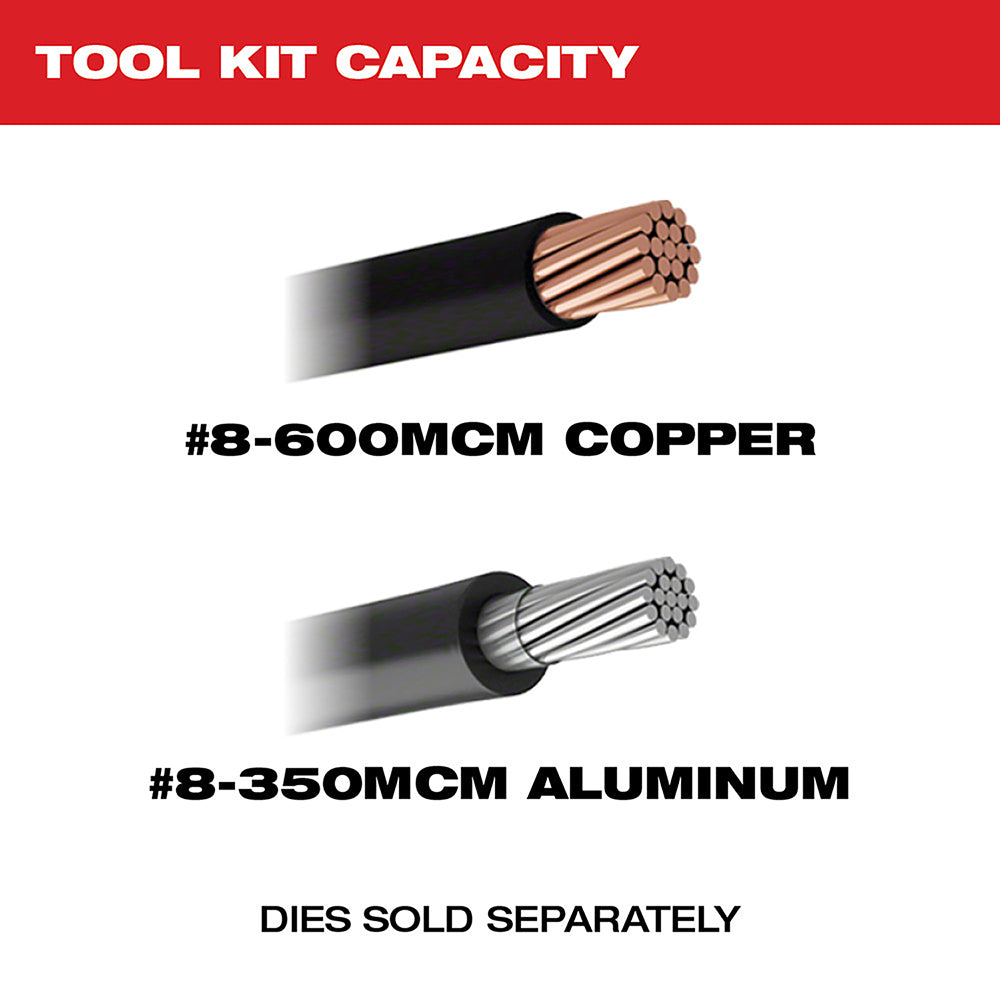 #8-600MCM copper and #8-350MCM aluminum wire cable samples with black insulation shown as tool kit capacity reference.