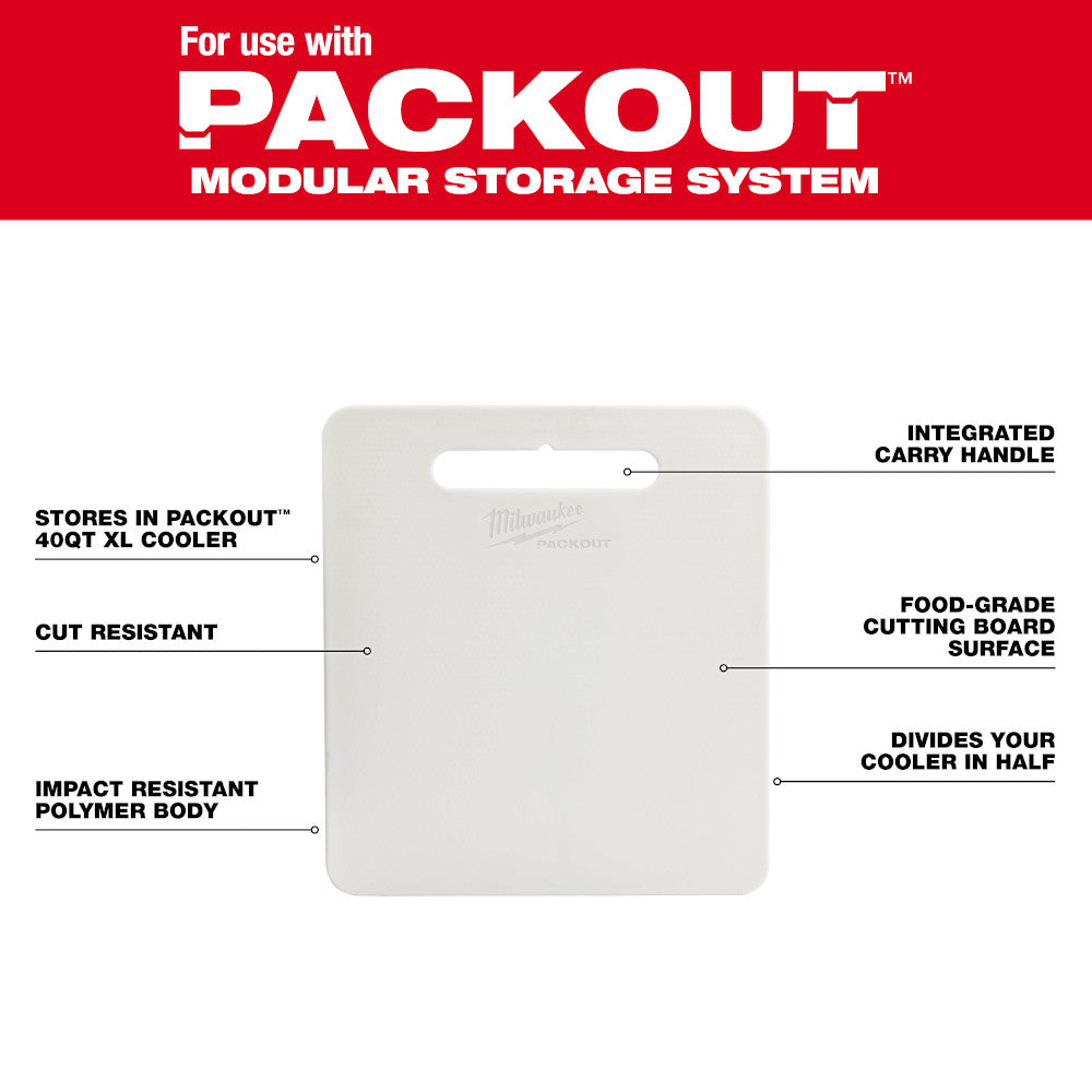 White divider insert with integrated carry handle and food-grade cutting board surface for Milwaukee PACKOUT 40QT XL Cooler.