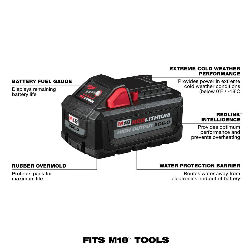 Milwaukee M18 REDLITHIUM HIGH OUTPUT XC 6.0Ah battery pack with fuel gauge, rubber overmold, and labeled features.