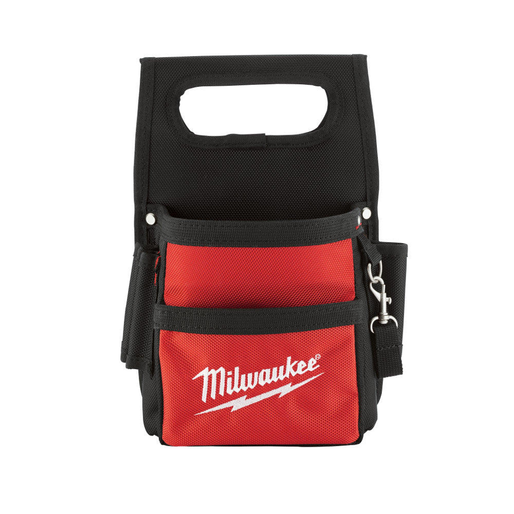 Black and red nylon work pouch with handle, multiple compartments, and metal clip attachment.