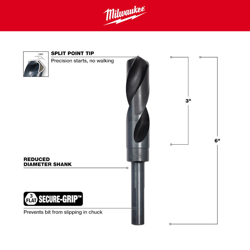 Black oxide 7/8 in. twist drill bit with split point tip and reduced diameter shank for secure grip.