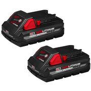 Two Milwaukee M18 REDLITHIUM HIGH OUTPUT CP3.0 batteries with black bodies, red accents, and charging contacts on top.