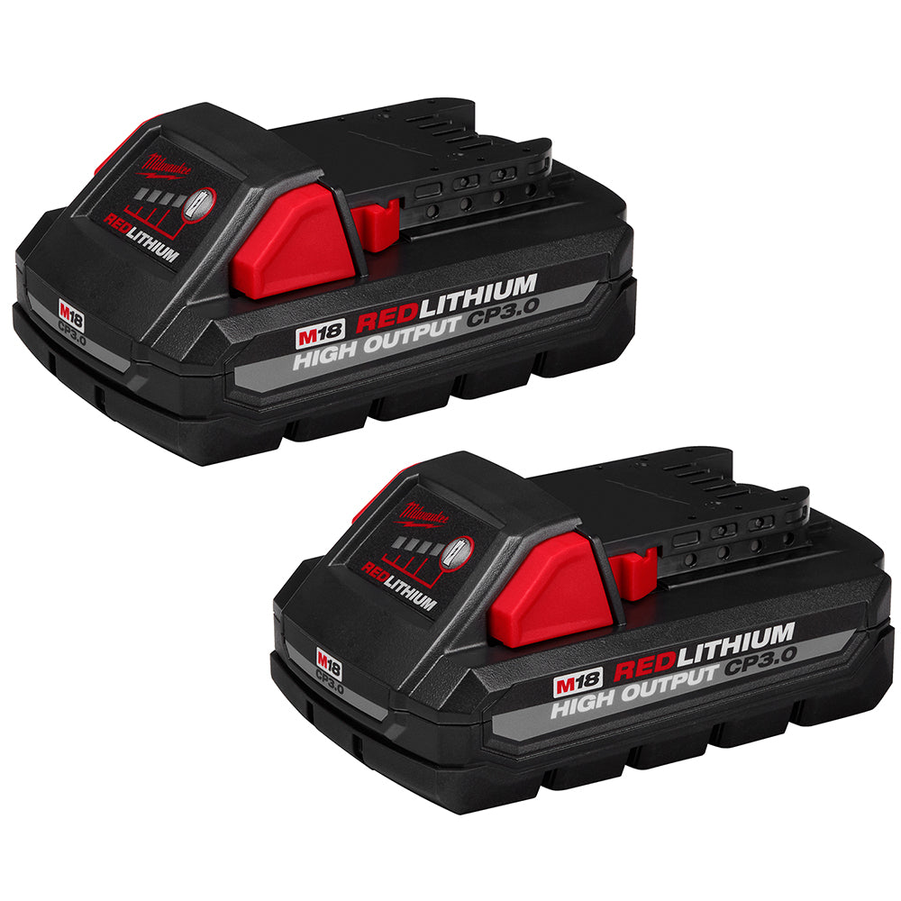 Two Milwaukee M18 REDLITHIUM HIGH OUTPUT CP3.0 batteries with black bodies, red accents, and charging contacts on top.