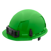 Green hard hat with front brim, vented crown, black ratcheting suspension system, and side adjustment clips.