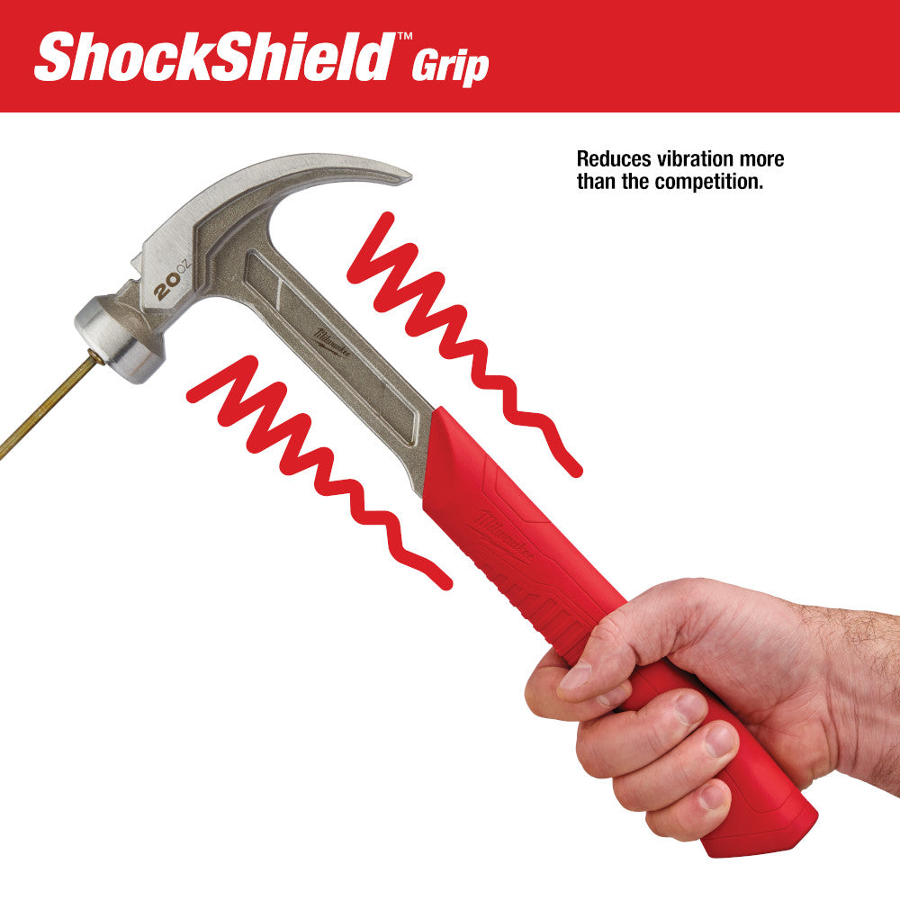 Milwaukee 20 oz curved claw hammer with smooth face and red ShockShield grip held in hand.