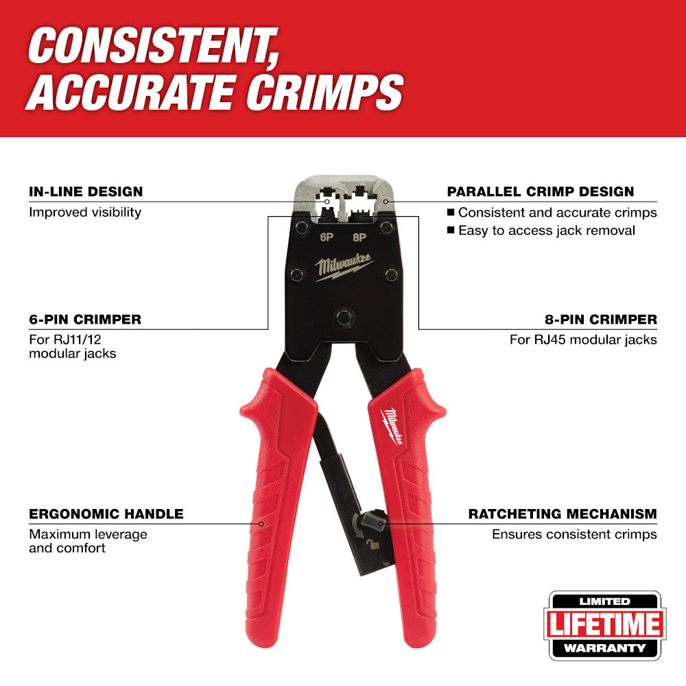 Milwaukee modular crimper with red handles, black head, and labeled crimp positions for 6-pin and 8-pin connectors.
