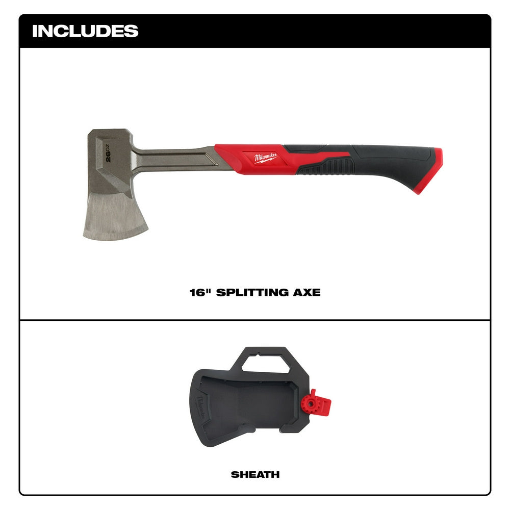 Milwaukee splitting axe with red and black handle and gray metal head, shown with black protective sheath.
