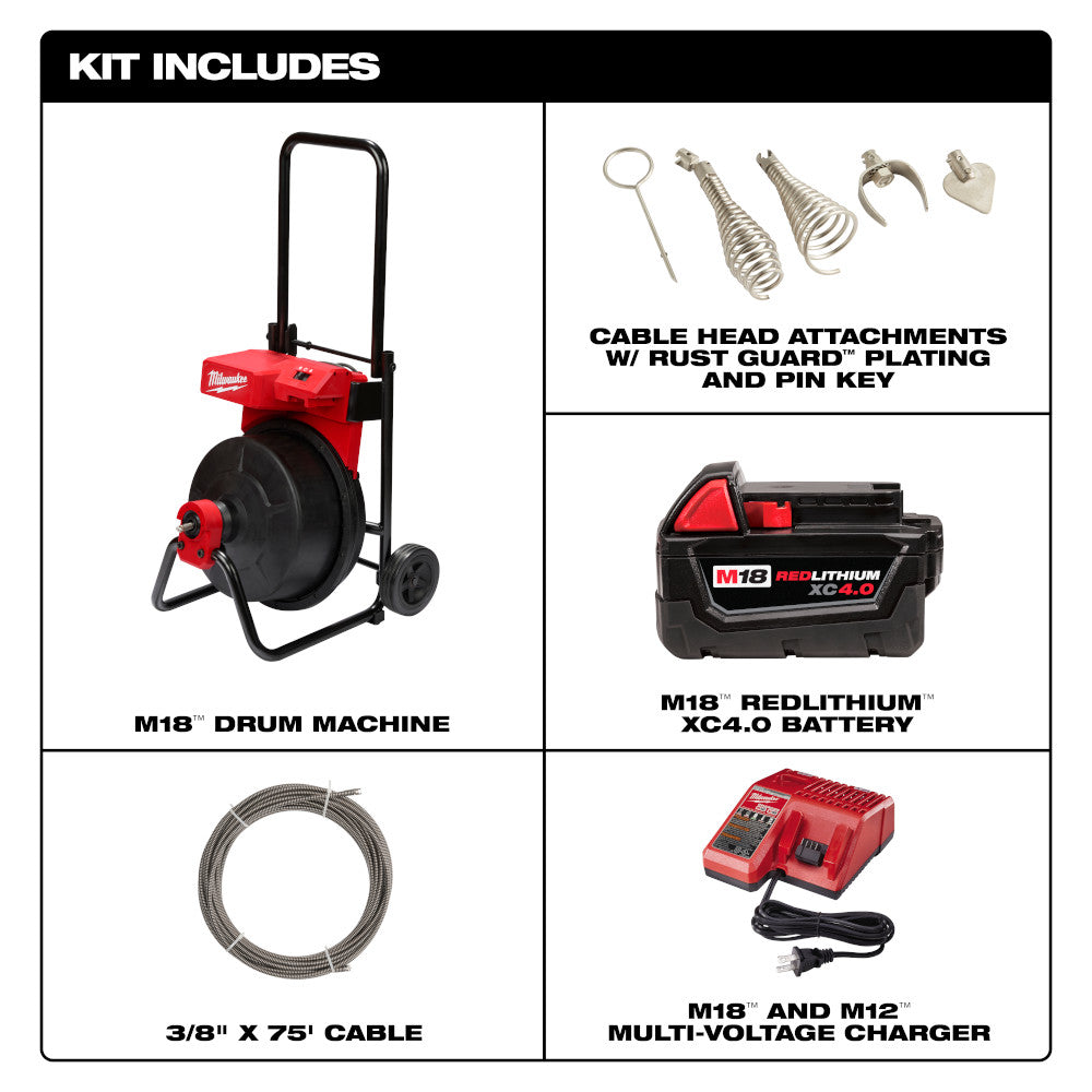Red and black M18 drum machine with handle and wheels, shown with included cable attachments, battery, charger, and 75-foot c