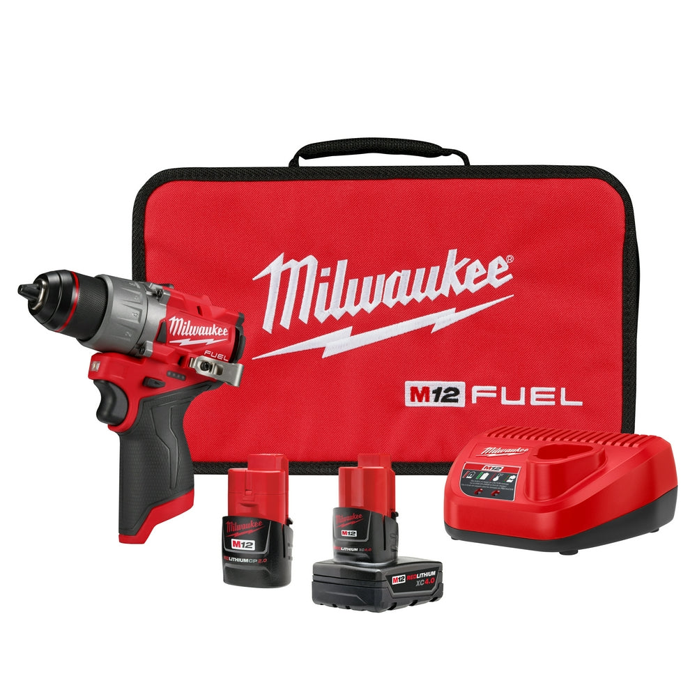 Milwaukee M12 FUEL 1/2" drill/driver kit with two batteries, charger, and red carrying case.