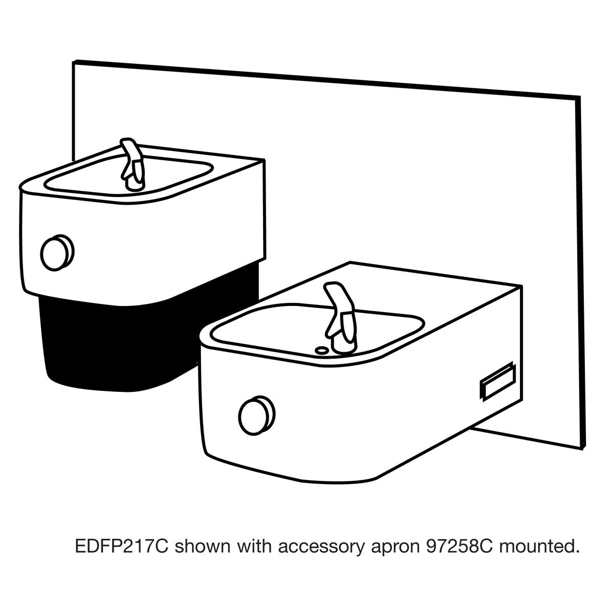 Black protective apron installed on Elkay water fountains with curved and rectangular basin designs.