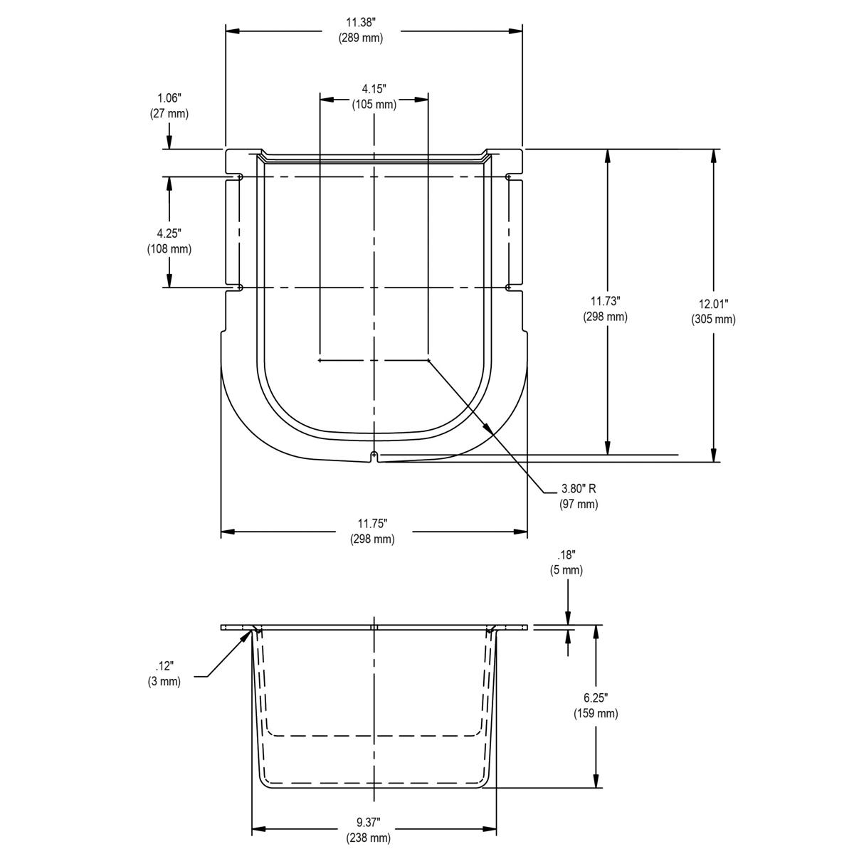 Black cane apron with technical dimension drawings showing front and bottom views with measurements.