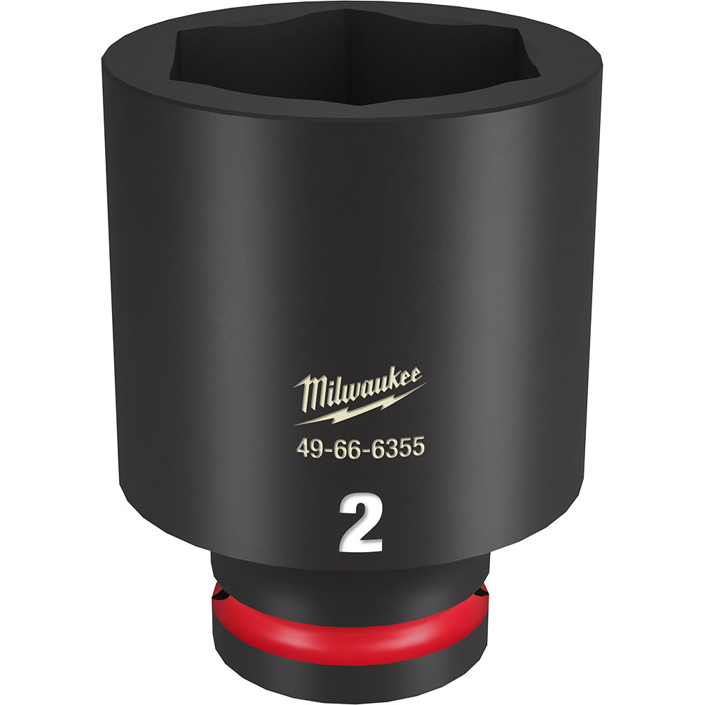 Black 3/4" drive deep socket with 6-point hex opening and red grip ring at base.