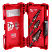Milwaukee Shockwave Impact Duty step bit set with three bits in red carrying case, displayed open.