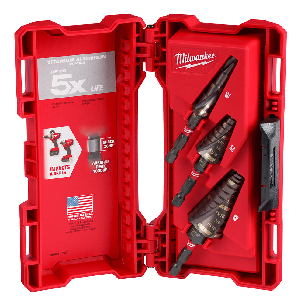 Milwaukee Shockwave Impact Duty step bit set with three bits in red carrying case, displayed open.