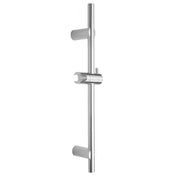 Satin nickel vertical wall bar with adjustable mounting brackets and cylindrical handholds at top, middle, and bottom section