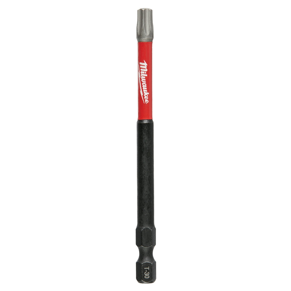Milwaukee Shockwave T30 Torx power bit with red and black shaft and gray metal tip.