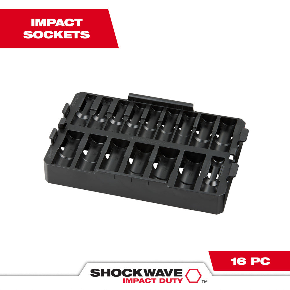 Black plastic tray containing 16 Milwaukee Shockwave Impact Duty sockets in various sizes for 1/2" drive.