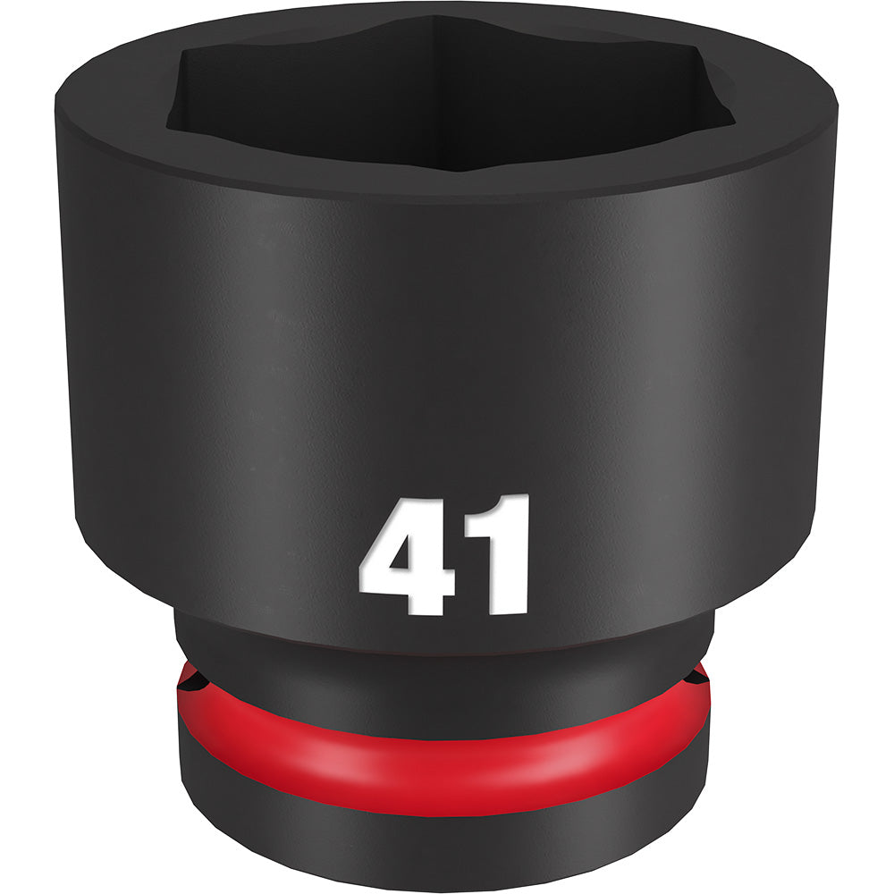 Black 3/4" drive socket with 41MM size marking and red impact ring at base, hexagonal opening visible.