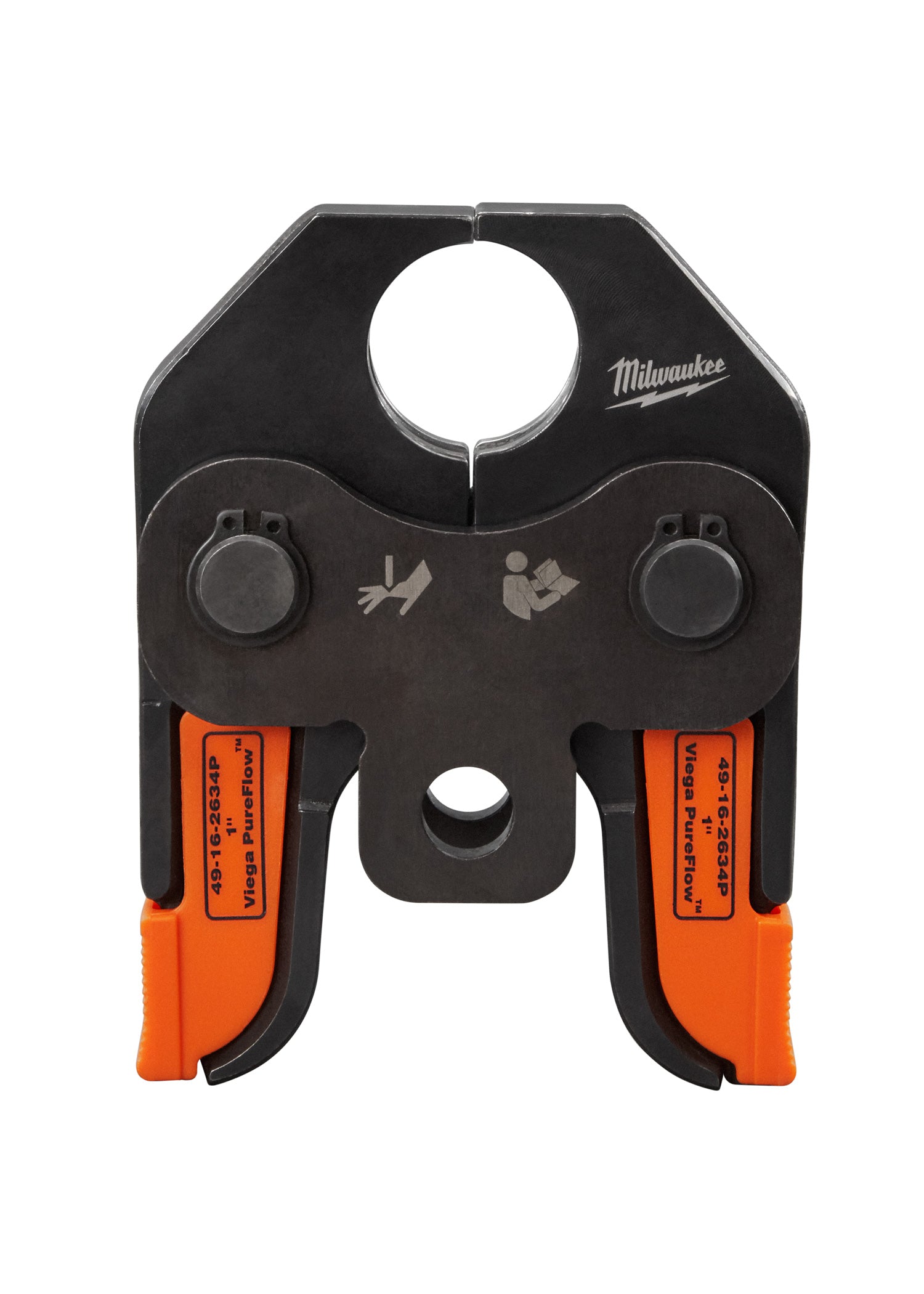 Milwaukee M18 1 in. Viega PureFlow jaw attachment with black and orange metal construction and circular opening.