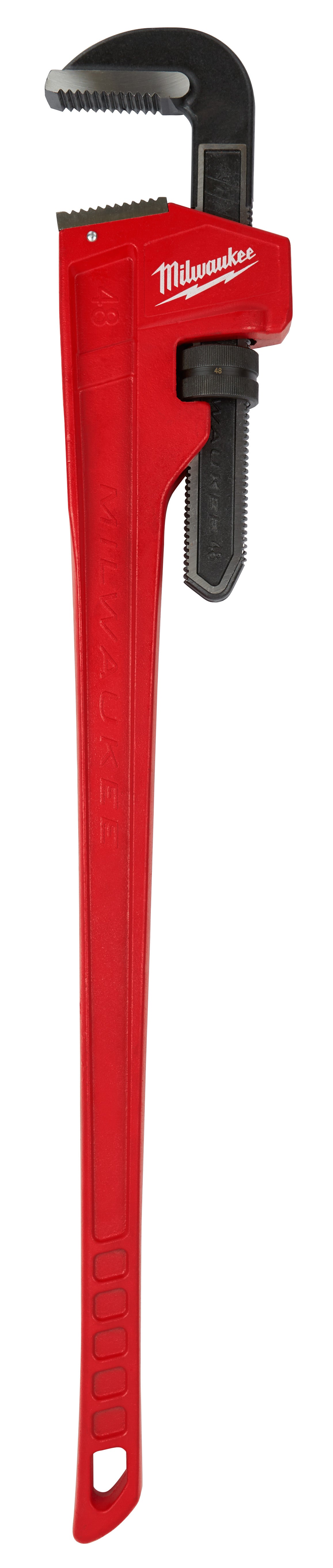 Red steel pipe wrench with black grip handle and adjustable jaw mechanism.