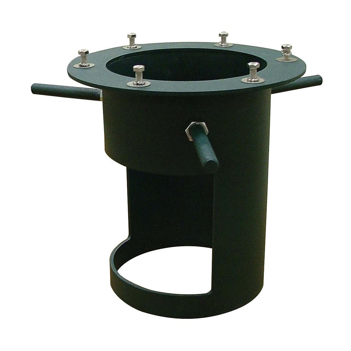 Green cylindrical direct bury adaptor with flanged top, bolted connections, and side pipe outlets for underground installatio