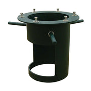 Green cylindrical direct bury adaptor with flanged top, bolted connections, and side pipe outlets for underground installatio